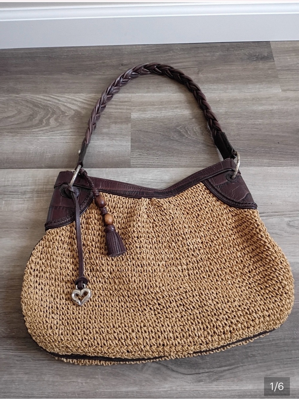 Brighton Y2K Raffia Woven Straw Brown Braided Leather Strap Shoulder Satchel Bag